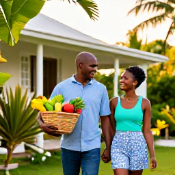 Caribbean Holidays, Barbados Cooking Holidays, A happy couple carrying a basket of local Barbados ingredients outside a welcoming guesthouse, with tropical gardens and soft afternoon light