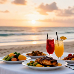 Caribbean Holidays, Barbados Cooking Holidays, A laid-back Barbados beach at sunset with a table of Caribbean dishes, grilled fish, salads and tropical drinks overlooking the sea