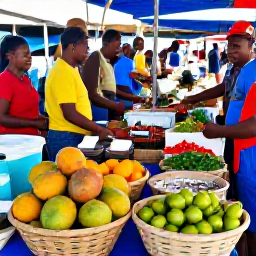 Caribbean Holidays, Barbados Cooking Holidays, A lively Barbados food market with baskets of mangoes, limes, chillies, herbs and fresh seafood, surrounded by welcoming local shoppers