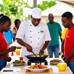 Caribbean Holidays, Barbados Cooking Holidays, A local chef teaching visitors to prepare flying fish and Caribbean vegetables at an outdoor cooking class in Barbados
