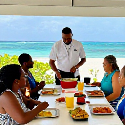 Caribbean Holidays, Barbados Cooking Holidays, A relaxed Barbados cooking class near the coast, with a chef demonstrating Caribbean recipes while guests cook and enjoy an ocean view