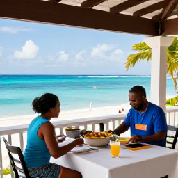 Caribbean Holidays, Barbados Cooking Holidays, A relaxed Barbados cooking holiday scene with a guest enjoying a meal on a shaded terrace overlooking the Caribbean Sea