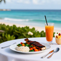 Caribbean Holidays, Barbados Cooking Holidays, A relaxed Barbados evening meal outdoors, featuring grilled fish, rice, vegetables and tropical drinks at a table near the sea
