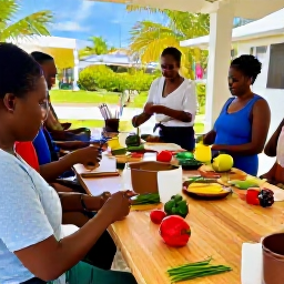 Caribbean Holidays, Barbados Cooking Holidays, A relaxed outdoor Barbadian cooking class with fresh island ingredients, wooden worktops, colourful peppers, herbs and a sunny Caribbean setting