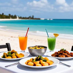Caribbean Holidays, Barbados Cooking Holidays, A relaxed outdoor dining table beside a Caribbean beach in Barbados, displaying freshly prepared Bajan dishes and colourful drinks