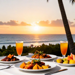 Caribbean Holidays, Barbados Cooking Holidays, A relaxed outdoor dining table in Barbados at sunset, showing freshly prepared Caribbean dishes, tropical fruit and glasses of rum punch