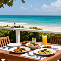 Caribbean Holidays, Barbados Cooking Holidays, A relaxed outdoor lunch on a Barbados terrace overlooking the sea, with Bajan dishes, salads and chilled drinks on a wooden table