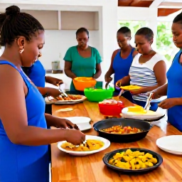 Caribbean Holidays, Barbados Cooking Holidays, A small group cooking class in a bright Barbados kitchen, preparing flying fish, plantain and pepper sauce around a wooden worktop