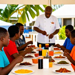Caribbean Holidays, Barbados Cooking Holidays, A small outdoor cookery class in Barbados, with visitors preparing Caribbean dishes around a long table while a local chef demonstrates nearby