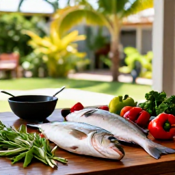 Caribbean Holidays, Barbados Cooking Holidays, A sunny Barbadian kitchen opening onto a tropical garden, with fresh fish, herbs, peppers and colourful local ingredients on a wooden table