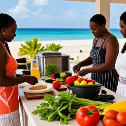 Caribbean Holidays, Barbados Cooking Holidays, A sunny Barbados kitchen overlooking the Caribbean Sea, with fresh herbs, colourful vegetables and local spices prepared for a cooking class