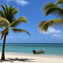 Caribbean Holidays, Barbados Cooking Holidays, A sunny June day on a Barbados beach, with calm turquoise water, palm trees and a small fishing boat near the shore