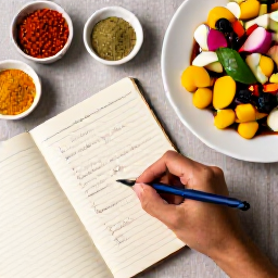 Caribbean Holidays, Barbados Cooking Holidays, A traveller writing down a traditional Barbadian recipe in a notebook beside spices and a finished Caribbean meal