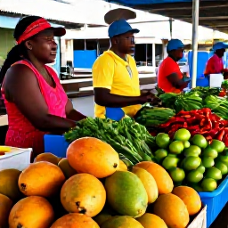 Caribbean Holidays, Barbados Cooking Holidays, A warm September morning at a colourful Barbados market, with fresh mangoes, limes, peppers, herbs and local vegetables displayed beside friendly island vendors