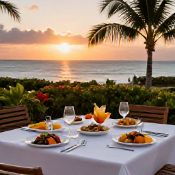 Caribbean Holidays, Barbados Cooking Holidays, An elegant outdoor dining table in Barbados at sunset, featuring freshly cooked Caribbean dishes, tropical fruit and a view of the coast