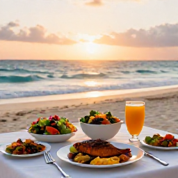 Caribbean Holidays, Barbados Cooking Holidays, An outdoor dining table beside a Barbados beach at sunset, featuring a home-cooked Caribbean meal, colourful salads, grilled fish and chilled drinks