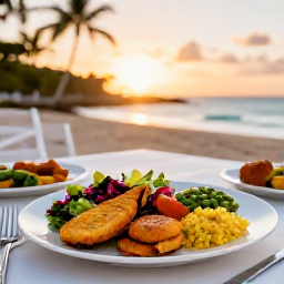 Caribbean Holidays, Barbados Cooking Holidays, An outdoor dining table in Barbados serving flying fish, fish cakes, rice and peas, plantain and fresh salad at sunset