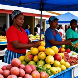 Caribbean Holidays, Barbados Cooking Holidays, Bridgetown market scene with local fruit, vegetables, spices and friendly food vendors in bright Caribbean colours