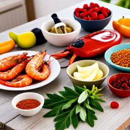 Caribbean Holidays, Barbados Cooking Holidays, Colourful Bajan ingredients, fresh seafood, herbs and spices arranged on a rustic kitchen table in Barbados