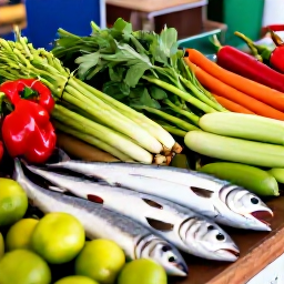 Caribbean Holidays, Barbados Cooking Holidays, Fresh Barbadian ingredients including flying fish, peppers, herbs, limes and tropical vegetables arranged on a rustic market stall