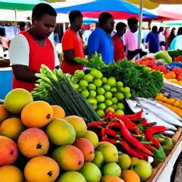 Caribbean Holidays, Barbados Cooking Holidays, Fresh Barbados market produce including mangoes, limes, herbs, peppers and fish displayed at a lively island market
