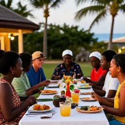 Caribbean Holidays, Barbados Cooking Holidays, Happy travellers enjoying a festive Barbados cooking holiday meal outdoors with palm trees and warm evening light