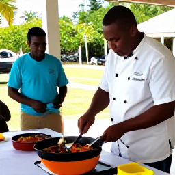 Caribbean Holidays, Barbados Cooking Holidays, Outdoor Barbados cooking class with a local chef preparing fresh fish and traditional ingredients in a sunny island setting
