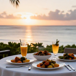 Caribbean Holidays, Barbados Cooking Holidays, Relaxed Barbados dining table overlooking the sea, with traditional Bajan dishes, drinks and sunset light
