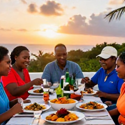 Caribbean Holidays, Barbados Cooking Holidays, Travellers enjoying a Barbados evening meal outdoors, with Caribbean dishes on the table and a warm sunset atmosphere