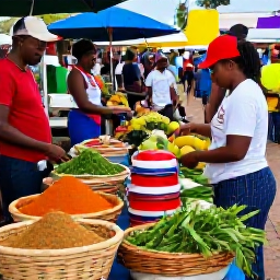 Caribbean Holidays, Barbados Cooking Holidays, Visitors choosing fresh Caribbean ingredients at a lively Bridgetown market, with baskets of spices, herbs, tropical fruit and vegetables in bright natural light