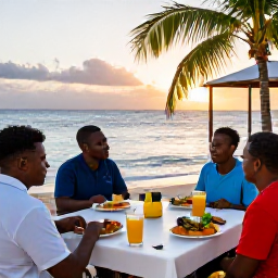 Caribbean Holidays, Barbados Cooking Holidays, Visitors enjoying a beautifully prepared Barbadian meal at a relaxed seaside table at sunset