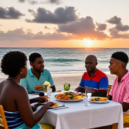 Caribbean Holidays, Barbados Cooking Holidays, Visitors enjoying a relaxed outdoor dinner beside a Barbados beach at sunset, with local seafood, rice and vegetables on the table