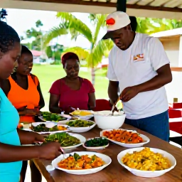 Caribbean Holidays, Barbados Cooking Holidays, Visitors learning to prepare traditional Bajan food with a local chef in an open-air cooking school, with colourful dishes on a wooden table