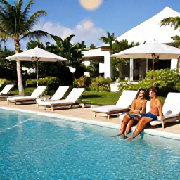 Caribbean Holidays, Barbados Couples Holidays, A couple relaxing beside an elegant Barbados resort pool, surrounded by tropical gardens and comfortable sun loungers