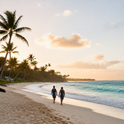 Caribbean Holidays, Barbados Couples Holidays, A couple walking along a quiet Barbados beach at sunrise in June, with turquoise water, soft golden light and palm trees