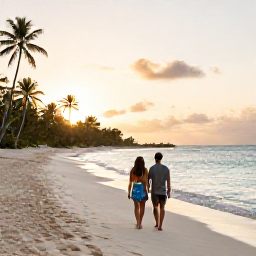 Caribbean Holidays, Barbados Couples Holidays, A couple walking barefoot along a quiet white-sand beach in Barbados at sunset, with calm turquoise sea and palm trees