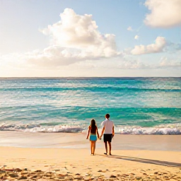 Caribbean Holidays, Barbados Couples Holidays, A couple walking hand in hand along a quiet Barbados beach at sunrise, turquoise sea and golden sand