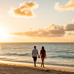 Caribbean Holidays, Barbados Couples Holidays, A couple walking hand in hand along a quiet Barbados beach at sunset in November, warm golden light and calm turquoise sea