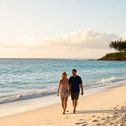 Caribbean Holidays, Barbados Couples Holidays, A couple walking together along a quiet Barbados beach at golden hour, turquoise sea, soft white sand, relaxed Caribbean atmosphere