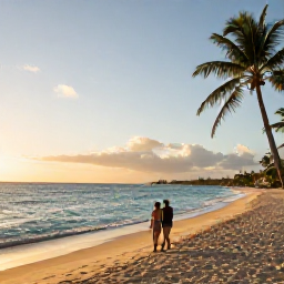 Caribbean Holidays, Barbados Couples Holidays, A relaxed couple walking along a golden beach in Barbados at sunset, calm turquoise sea and gently swaying palms