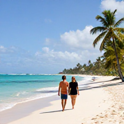Caribbean Holidays, Barbados Couples Holidays, A relaxed couple walking along a sunlit Barbados beach in February, with turquoise water, pale sand and gently swaying palm trees