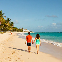 Caribbean Holidays, Barbados Couples Holidays, A relaxed couple walking hand in hand along a golden Barbados beach in warm August sunshine, turquoise sea and palm trees