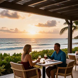 Caribbean Holidays, Barbados Couples Holidays, A stylish beachfront restaurant in Barbados with a couple enjoying dinner at an outdoor table as the sun sets