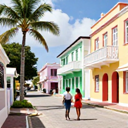 Caribbean Holidays, Barbados Couples Holidays, Colourful Bridgetown street scene in Barbados with historic buildings, palm trees and a couple exploring in warm June sunshine