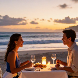 Caribbean Holidays, Barbados Couples Holidays, Couple dining at an elegant Barbados beachfront restaurant at sunset, local seafood, candles and gentle waves in the background