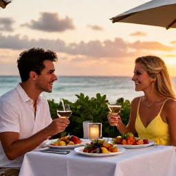 Caribbean Holidays, Barbados Couples Holidays, Couple dining outdoors at a stylish Barbados restaurant, sunset sky, fresh seafood and Caribbean dishes on the table