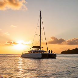 Caribbean Holidays, Barbados Couples Holidays, Couple enjoying a sunset catamaran cruise off Barbados, golden evening light, calm sea and distant coastline