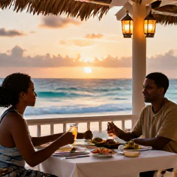 Caribbean Holidays, Barbados Couples Holidays, Couple enjoying a sunset dinner at a seaside restaurant in Barbados, with local food, lanterns and views across the Caribbean Sea