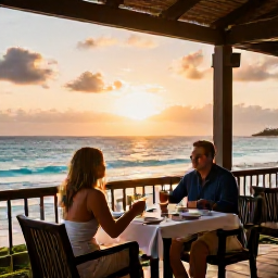 Caribbean Holidays, Barbados Couples Holidays, Couple enjoying a sunset dinner at a stylish Barbados beachfront restaurant, warm evening light and ocean view