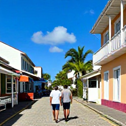 Caribbean Holidays, Barbados Couples Holidays, Couple exploring a colourful historic street in Bridgetown, Barbados, with colonial buildings, local shops and bright Caribbean sunlight